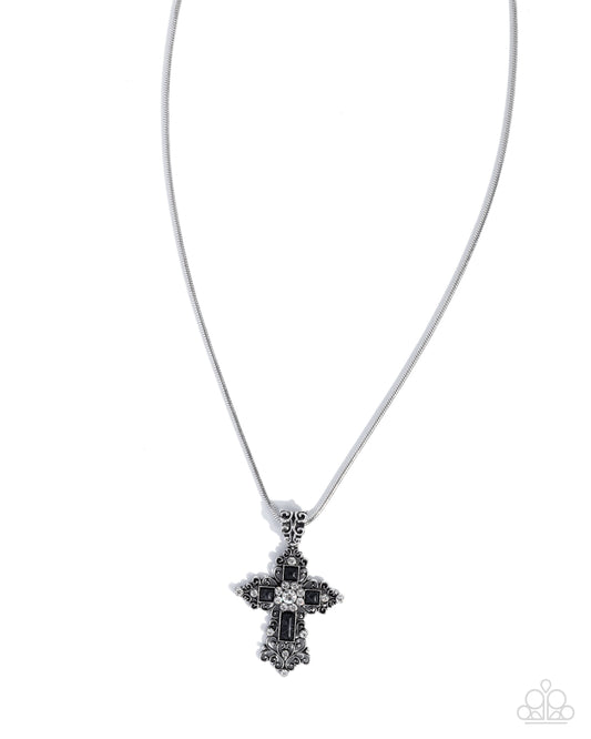 Paparazzi Celestial Color - Black Stone Silver Filigree Cross Necklace N3760