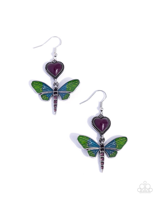 Paparazzi Dragonfly Devotion - Purple Damson Heart Green Dragonfly Earring E0339