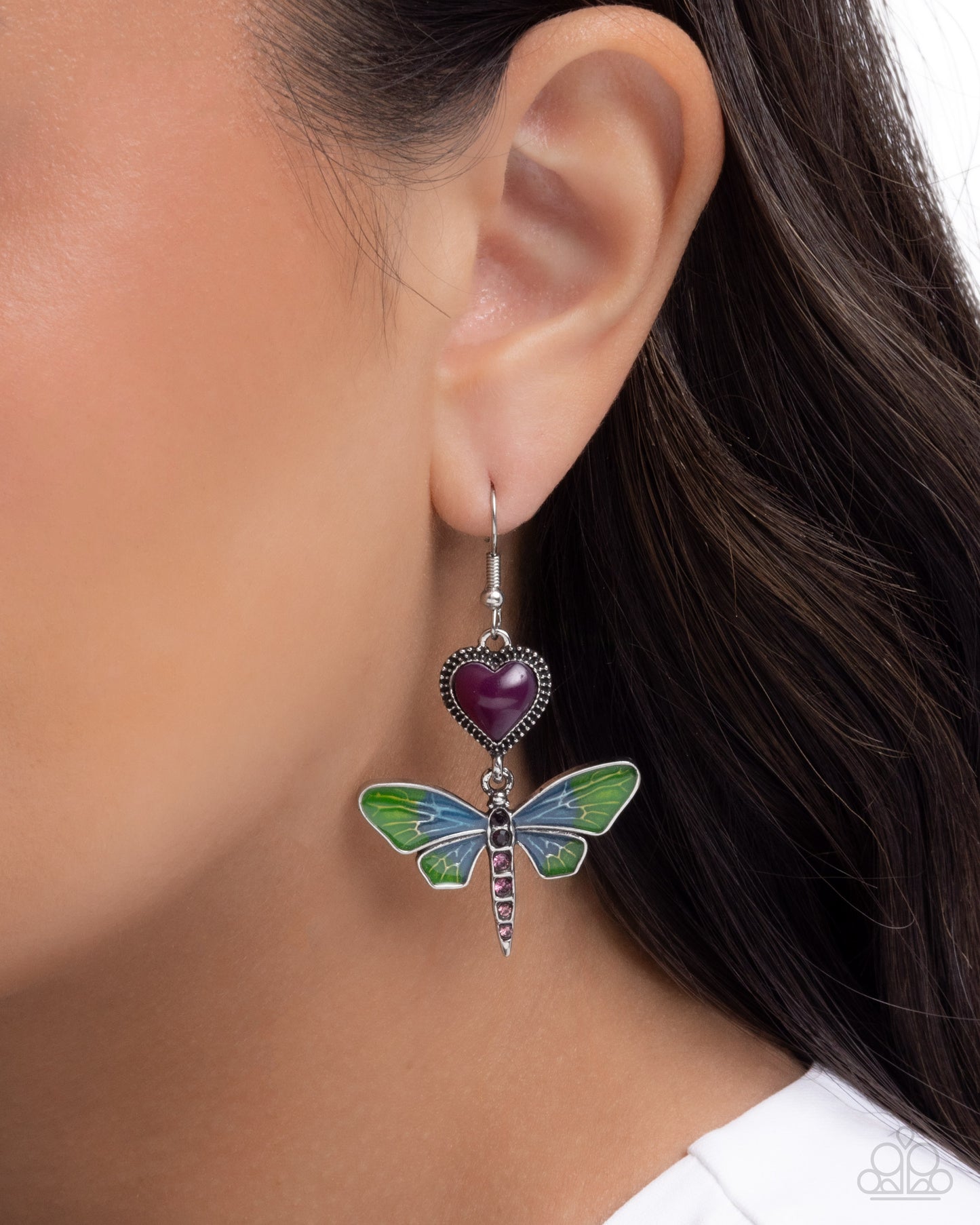 Paparazzi Dragonfly Devotion - Purple Damson Heart Green Dragonfly Earring E0339