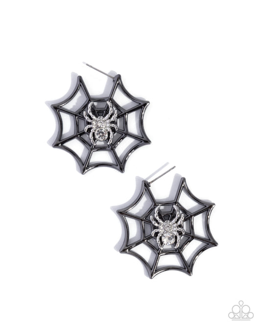Spiderweb Showcase - Black Gunmetal Spiderweb Silver Spider 1 1/2 Inch Hoop Halloween Earring Paparazzi E3123
