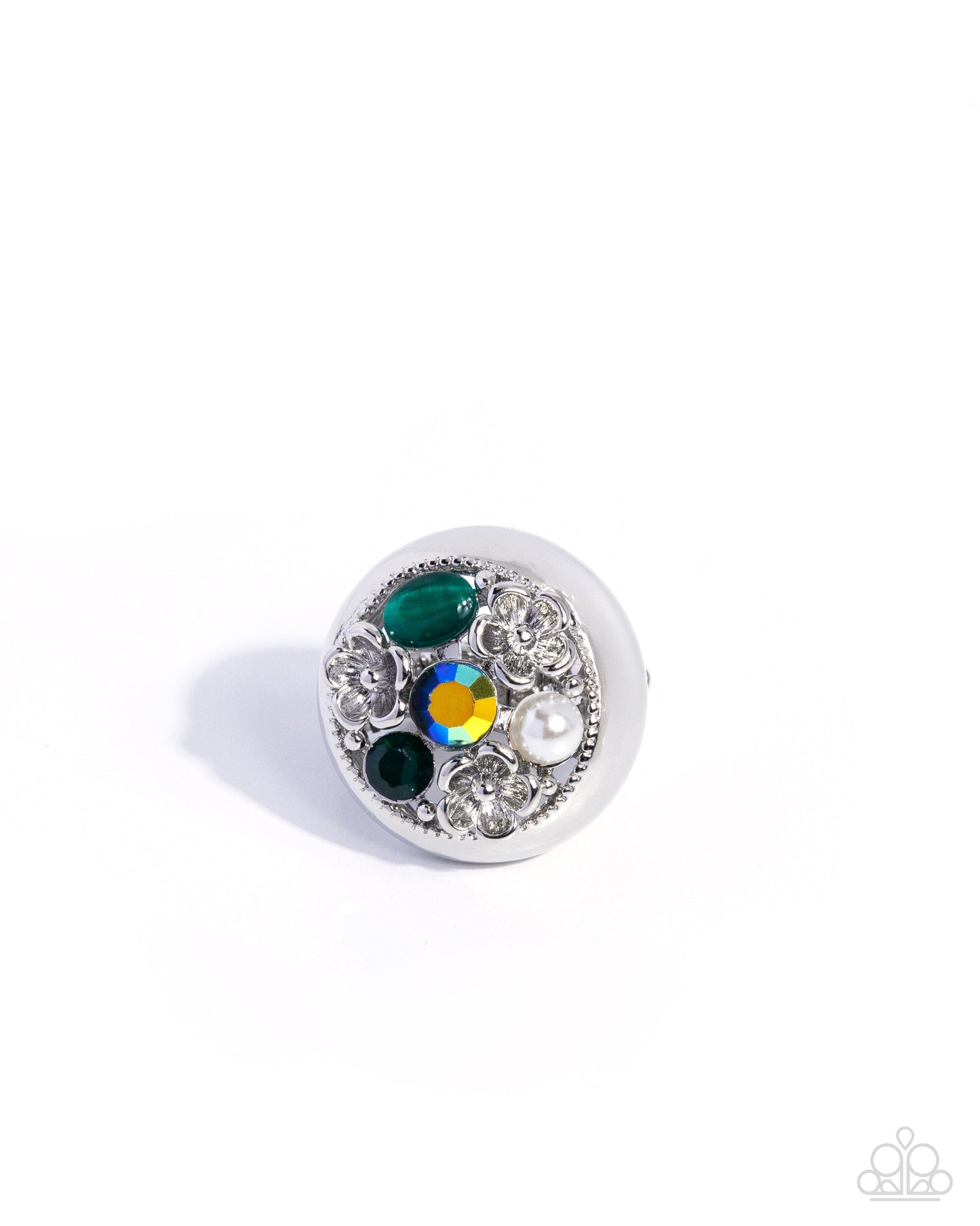 Paparazzi Malibu Mecca - Green Emerald Iridescent Rhinestone Silver Floral Ring R1343