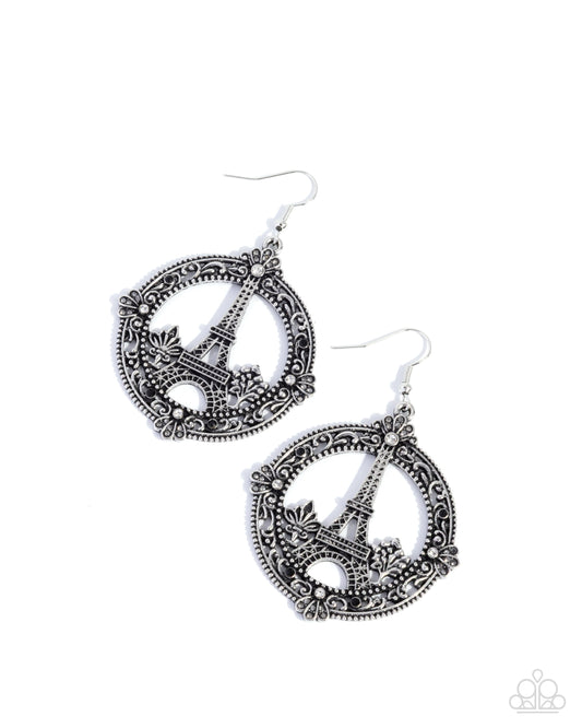 Paparazzi Enamored Eiffel Tower - Black, Smoky & White Rhinestone Eiffel Tower Earrings