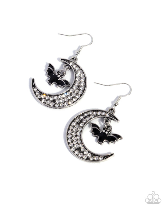 Paparazzi Handcrafted Halloween - Black Bat & White Moon Rhinestone Halloween Earring E3095