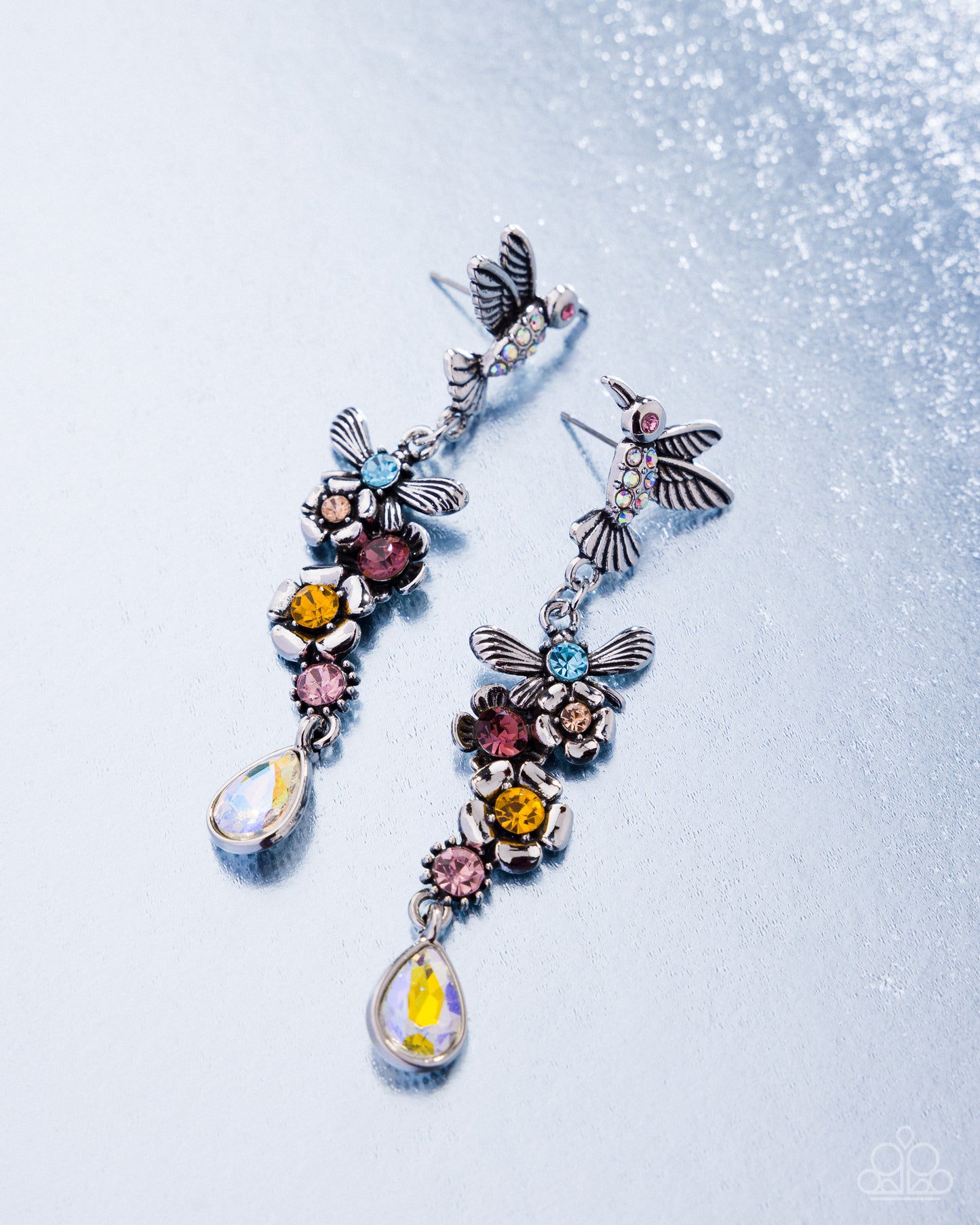 Paparazzi Hummingbird Hallmark - Multi Iridescent Rhinestone Silver Hummingbird Floral Post Earring E3338