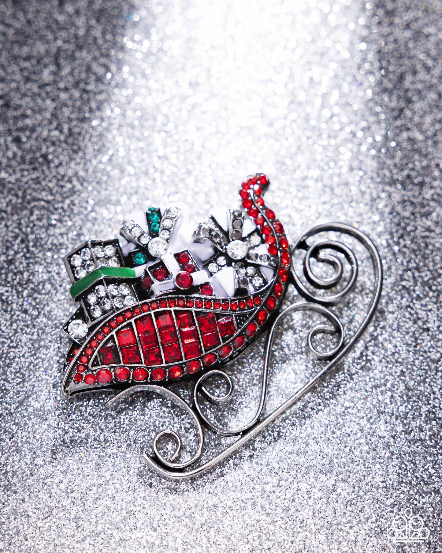 Paparazzi Sledding Shimmer - Red, Green, Hematite & White Rhinestone Sleigh Lapel Pin Brooch