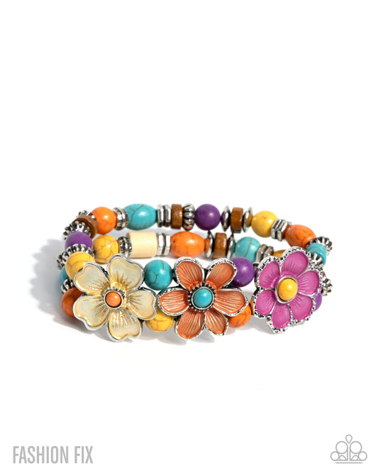 Lighthearted Landmark - Multicolored Turquoise, Orange, Yellow Flower Stretch Bracelet Simply Santa Fe Fashion Fix September 2025 Paparazzi B2404