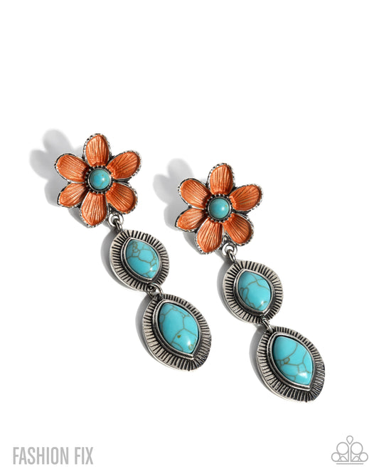 Lighthearted Landslide - Blue Turquoise & Orange Painted Flower Earring Simply Santa Fe September 2025 Fashion Fix Paparazzi E3099