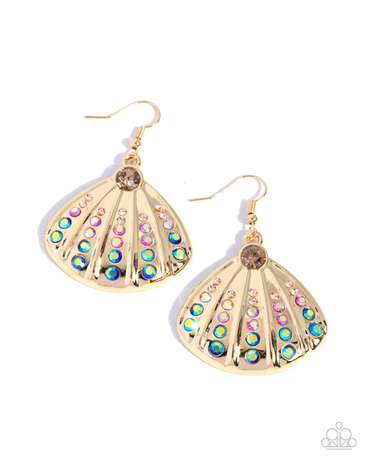 Paparazzi Sophisticated Seashell - Multicolored Peach, Rose Iridescent Rhinestone Gold Seashell Earring