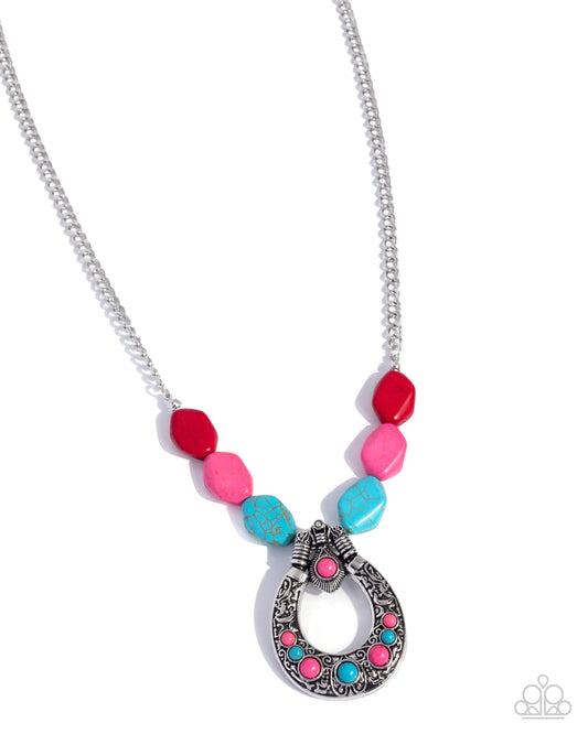 Paparazzi Santa Fe Superstition - Pink- Hot Pink, Turquoise & Red Stone Silver Santa Fe Style Necklace N3783