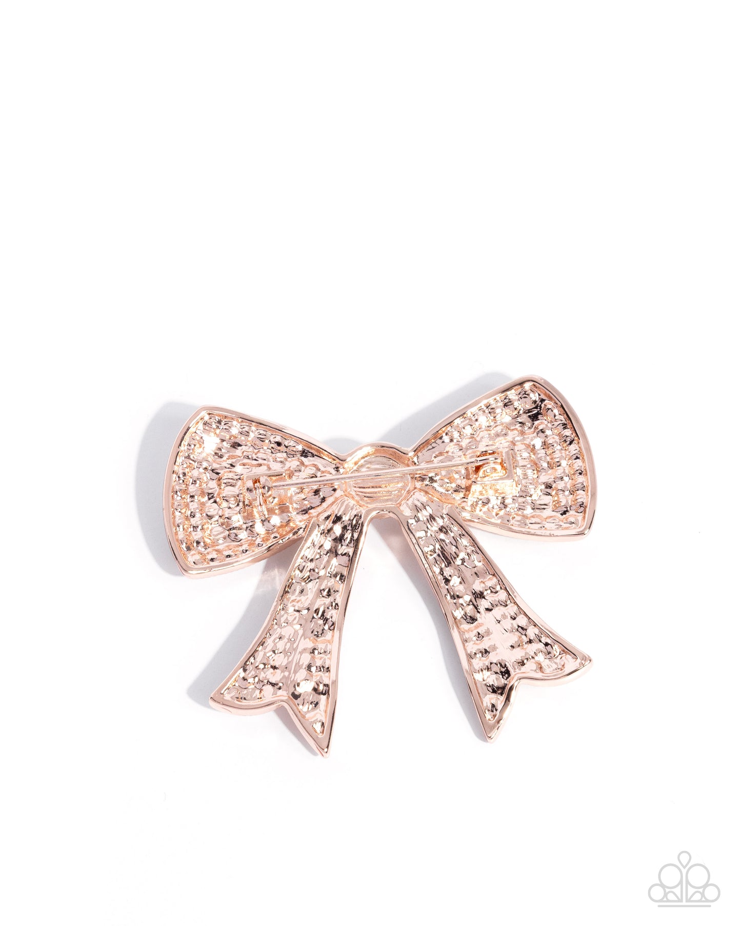 Bow Bravado - Rose Gold, White Rhinestone & Pearl Bow Lapel Pin Brooch Paparazzi BR014