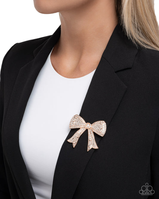 Bow Bravado - Rose Gold, White Rhinestone & Pearl Bow Lapel Pin Brooch Paparazzi BR014