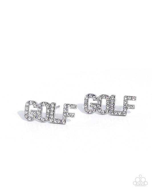 Paparazzi Game of Golf - White Rhinestone "GOLF" Sport Post Earring E2126
