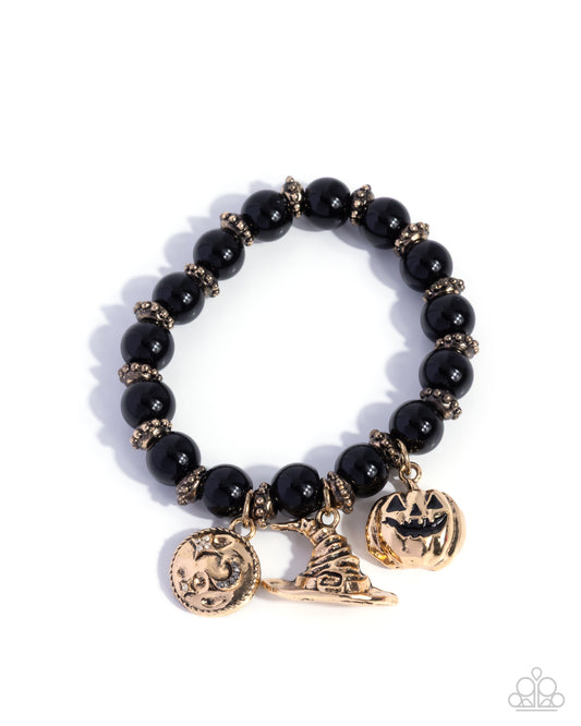 Halloween Homage - Black Bead Antiqued Gold Charm Jack O' Lantern, Witch Hat & Moon Stretch Bracelet Paparazzi B2437