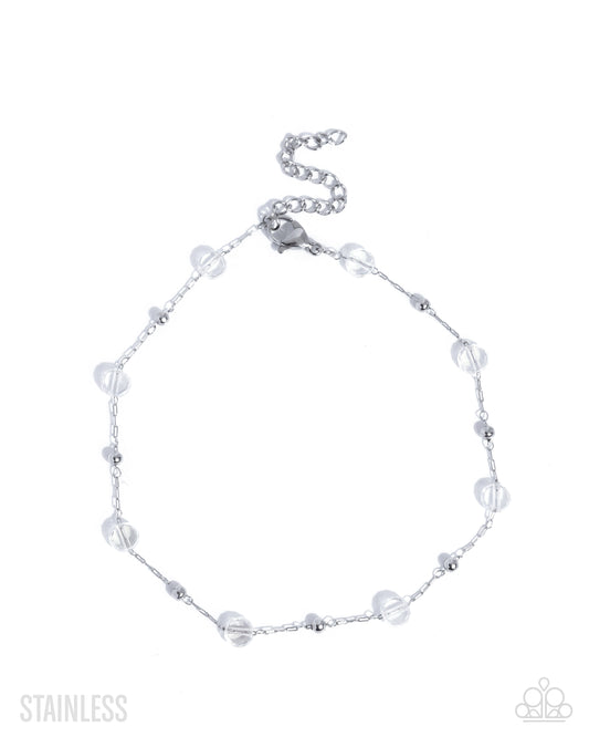 Paparazzi Defaced Dedication - White Transparent Bead Stainless Steel Satellite Chain Anklet B2526