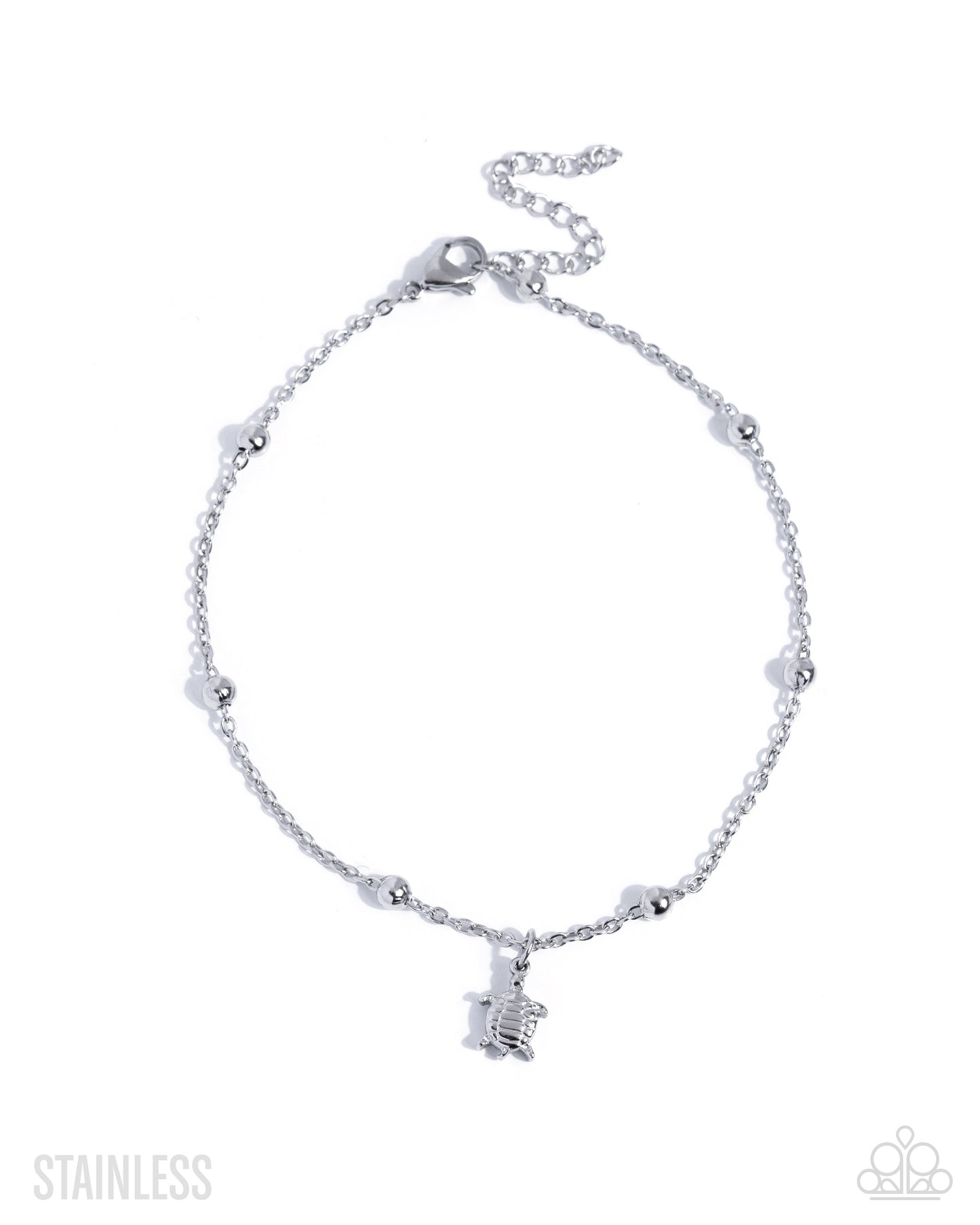 Paparazzi Turtle Timbre - Silver Stainless Steel Satellite Chain Turtle Anklet B2534