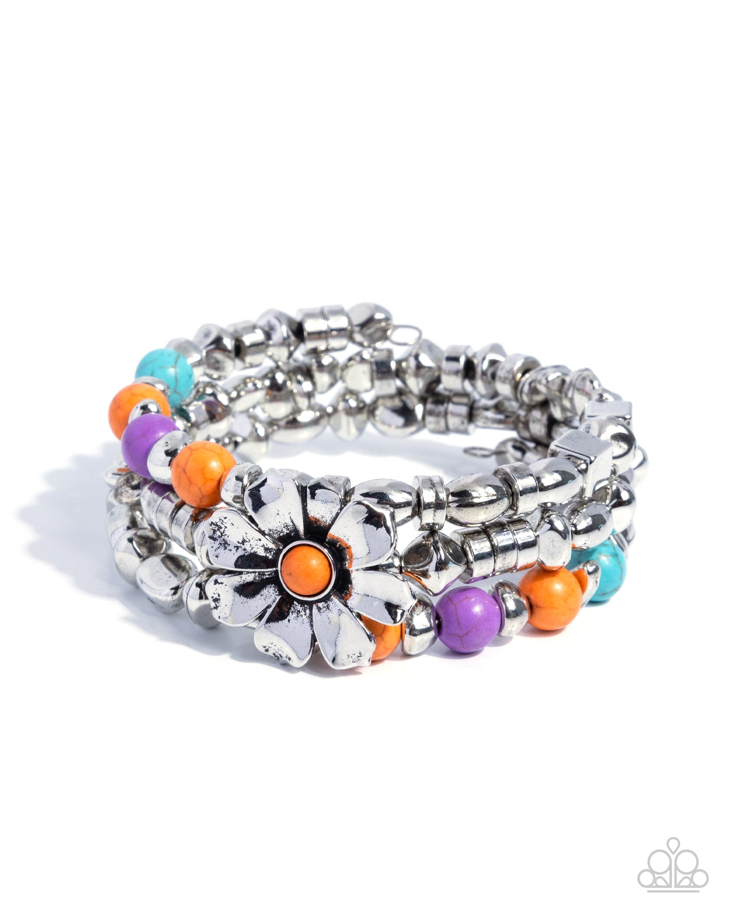 Paparazzi Whimsical Wire - Orange, Purple, Turquoise & Silver Beaded Flower Coil Bracelet B2647