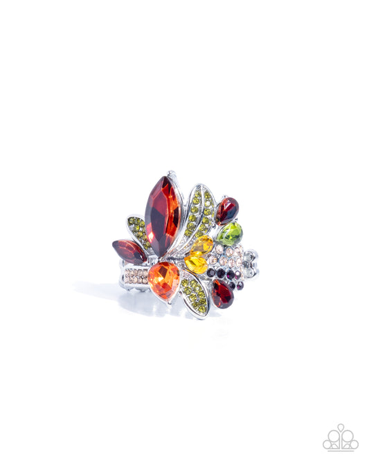 Paparazzi Captivating Cluster - Brown, Light Peach, Amethyst Rhinestone Silver Leaf Ring