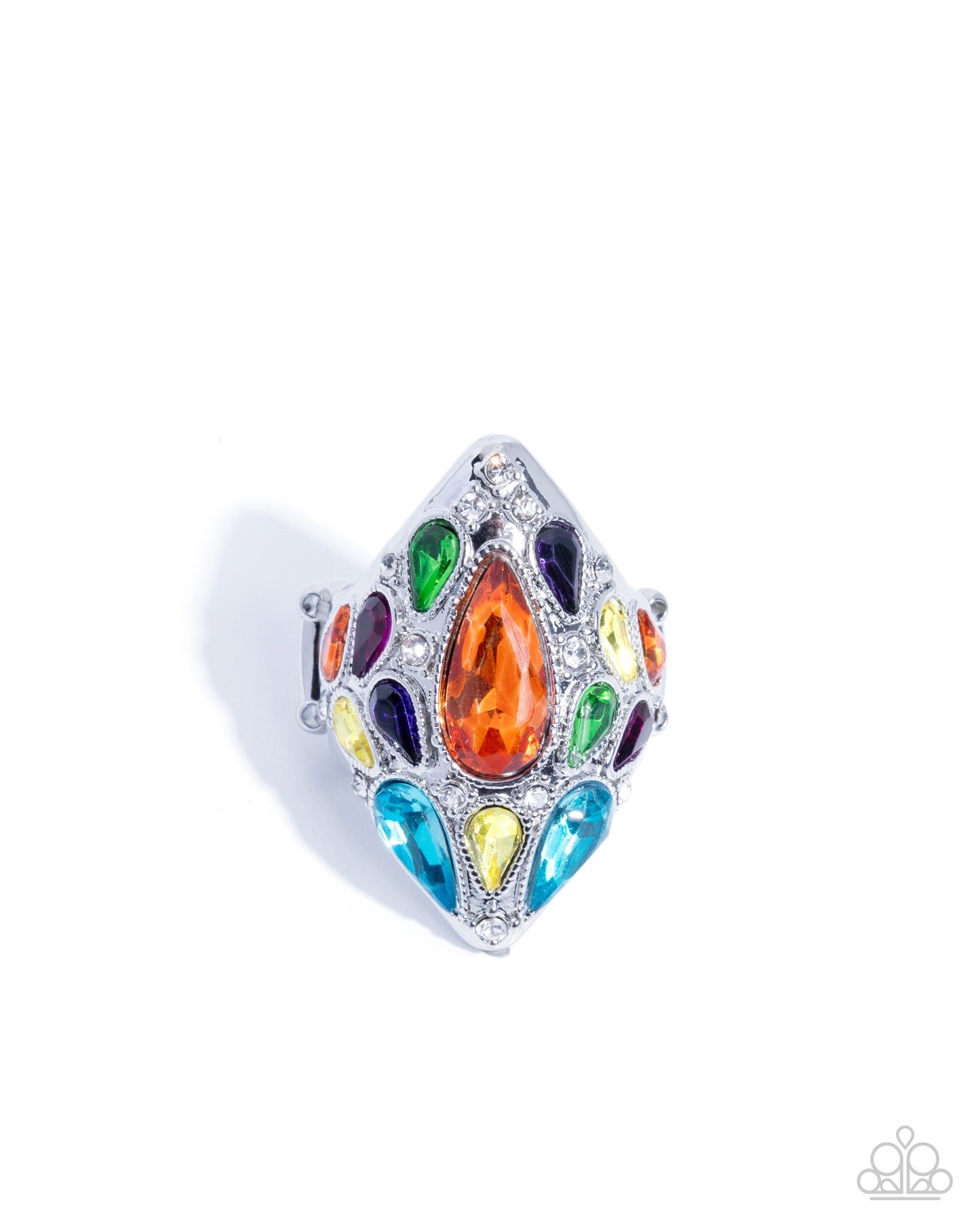 Paparazzi Treasured Tapestry - Orange, Blue, Green White Rhinestone Silver Cocktail Style Ring