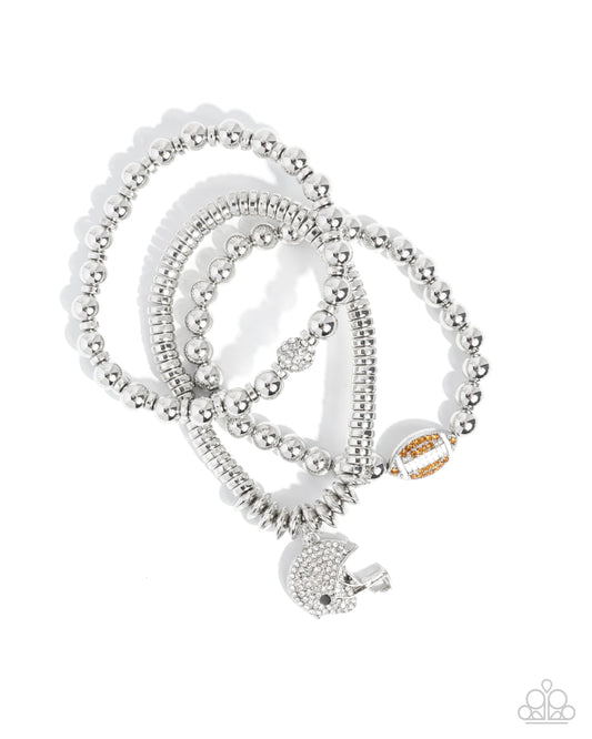 Paparazzi Football Flavor - Brown Topaz & White Rhinestone Football Helmet Sport Set Of 3 Bracelets B2465