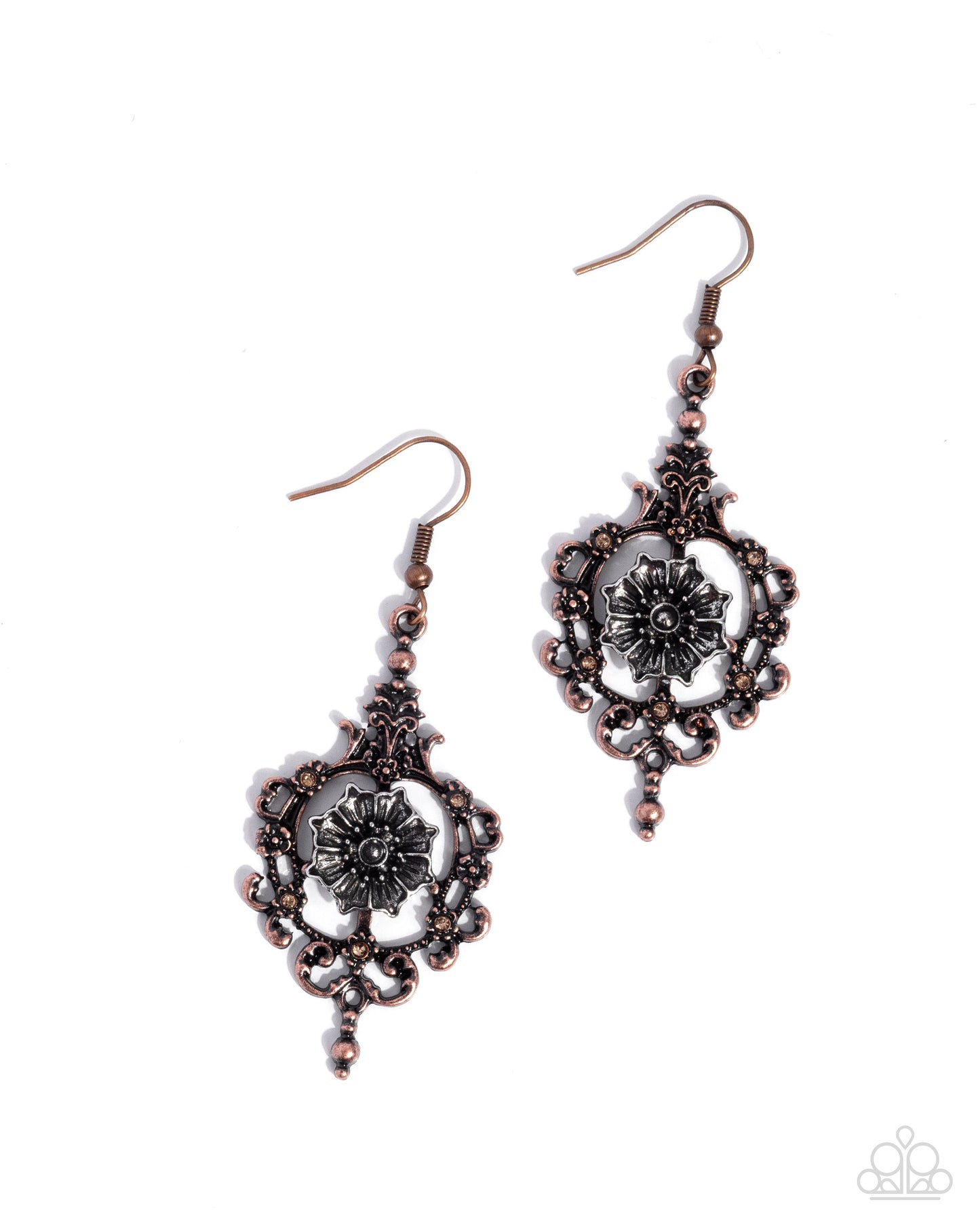 Paparazzi Antique Abloom - Copper Floral Filigree Silver Flower Earring E3265