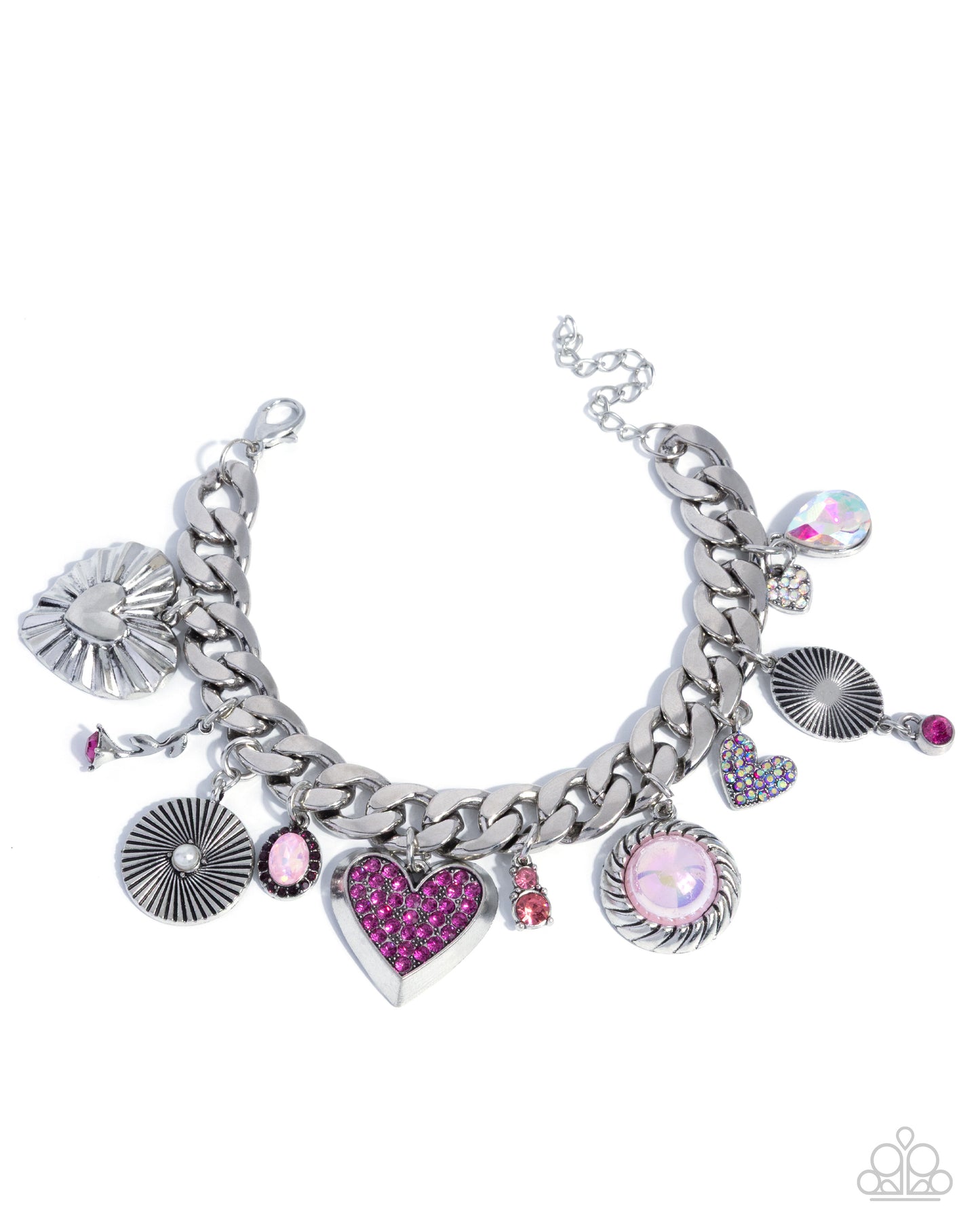 Paparazzi Massively Malibu - Pink Fuchsia Rhinestone, White Pearl, Heart Charm Bracelet B2543