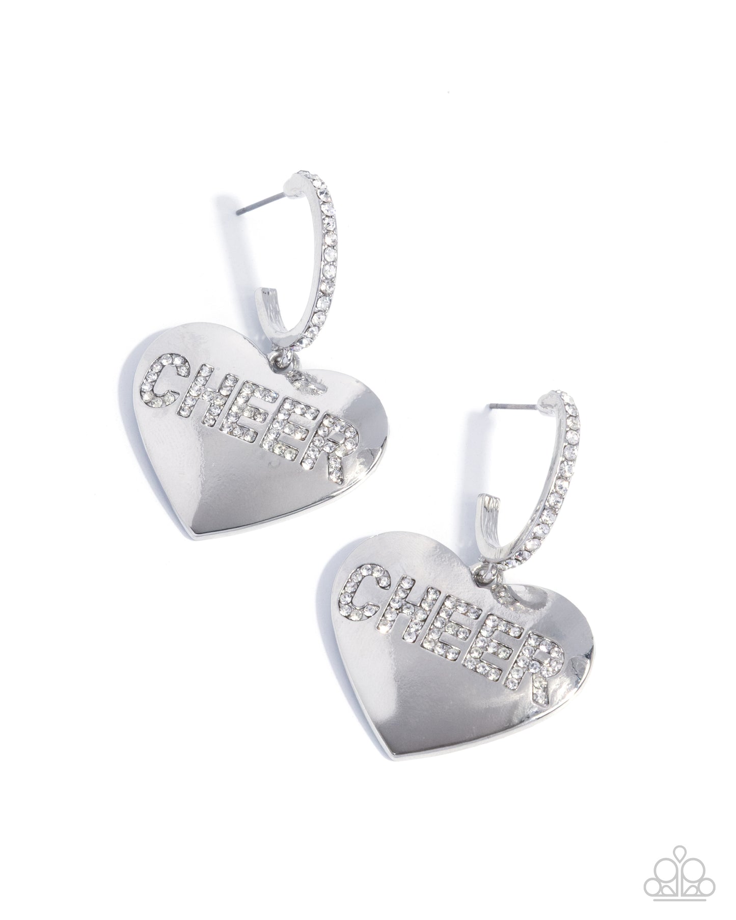 Paparazzi Shimmery Spotter - White Rhinestone "CHEER" Sport Cheerleading Silver Earring E2417