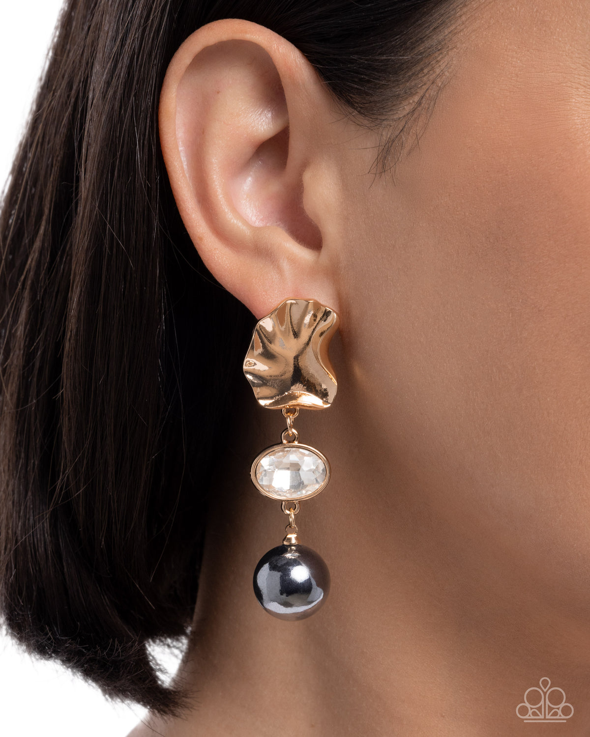Paparazzi Abstract Abracadabra - Gold, White Gem & Gunmetal Bead Post Earring E3441