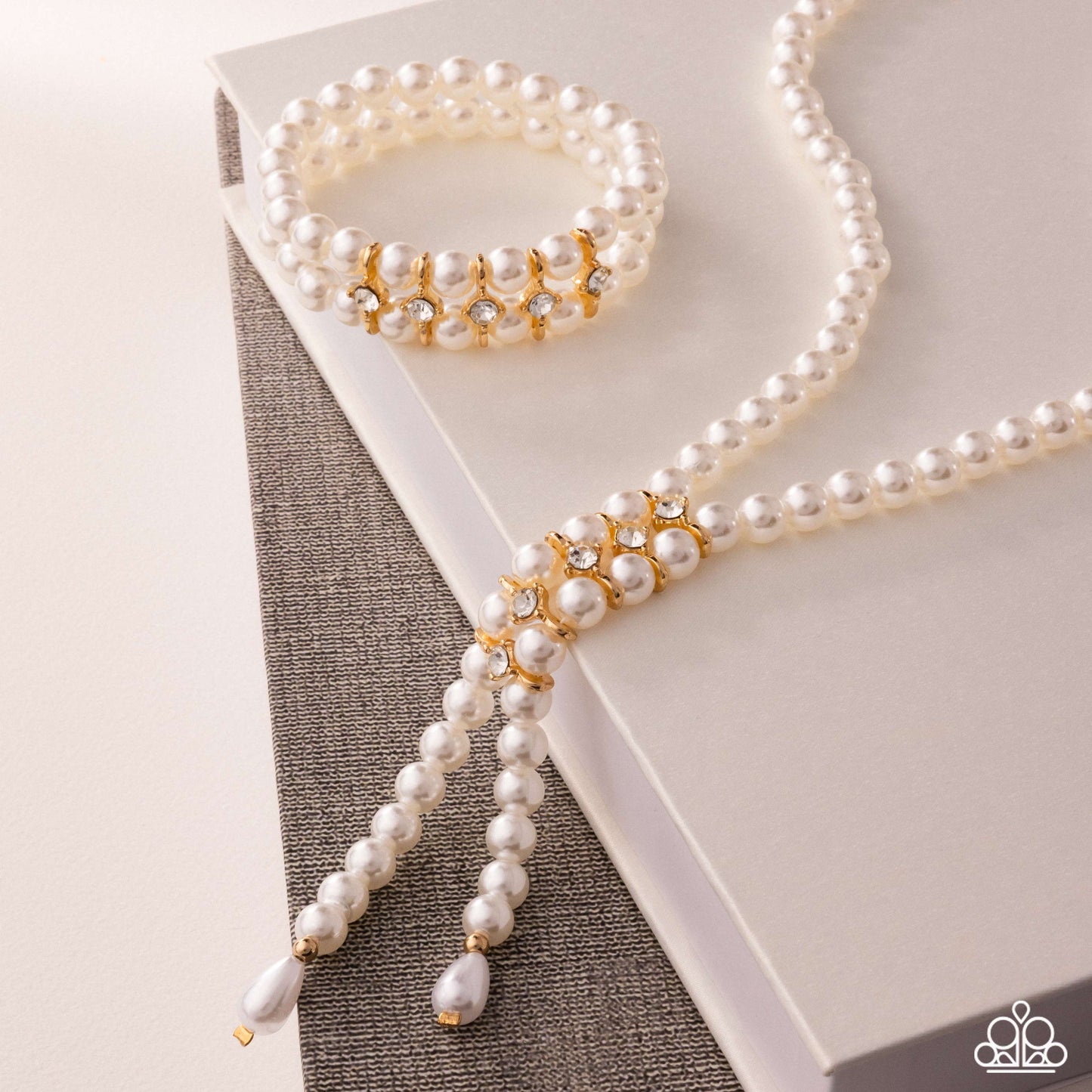 Paparazzi Paid in Pearls - Gold Fittings, White Pearls & Rhinestone Pearl Prowess Necklace & Pearl Potential Gold Stretch Bracelet Set