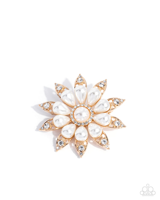 Paparazzi Timeless Tribute - Gold Petal White Rhinestone & Pearl Lapel Pin Brooch BR032