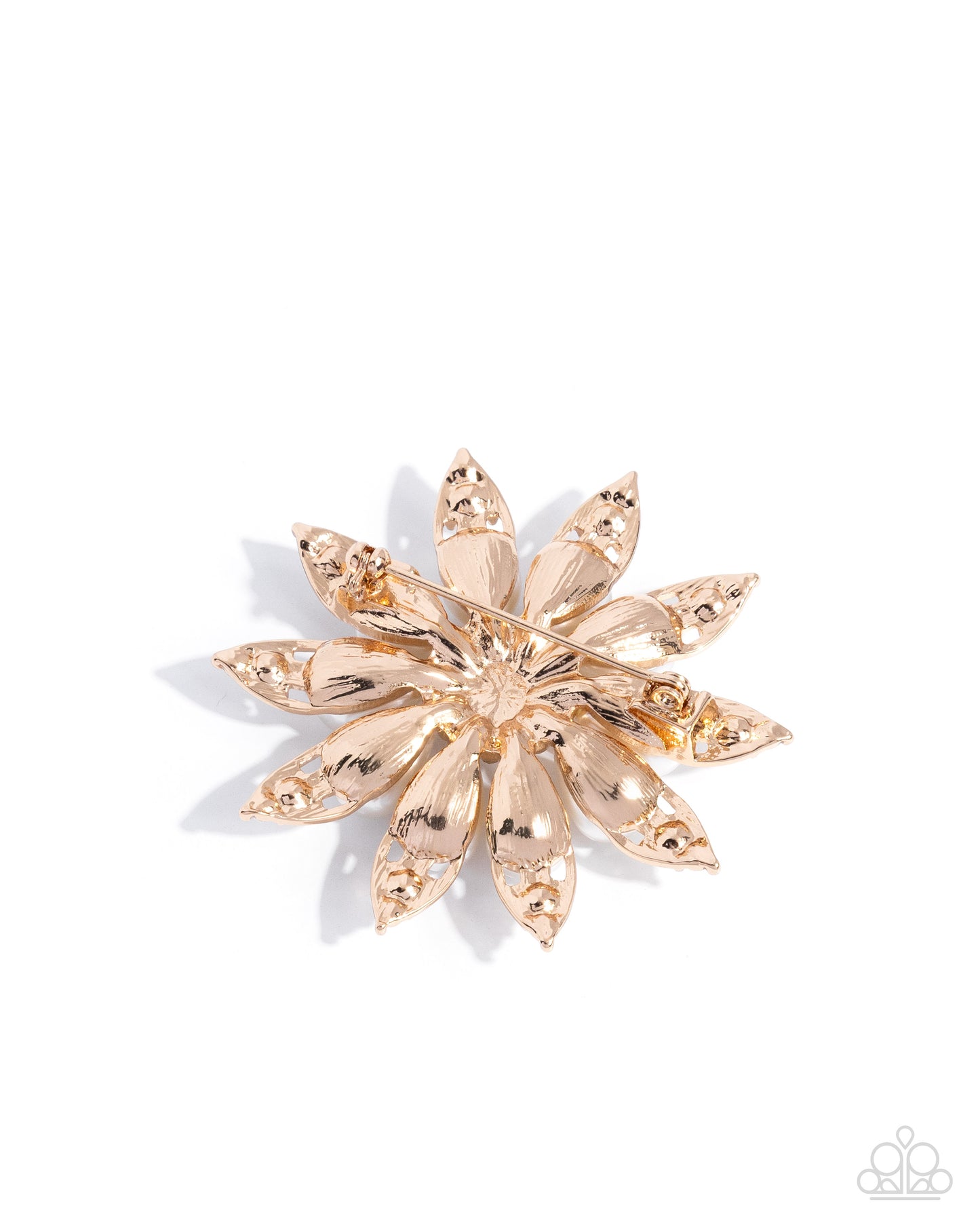 Paparazzi Timeless Tribute - Gold Petal White Rhinestone & Pearl Lapel Pin Brooch BR032