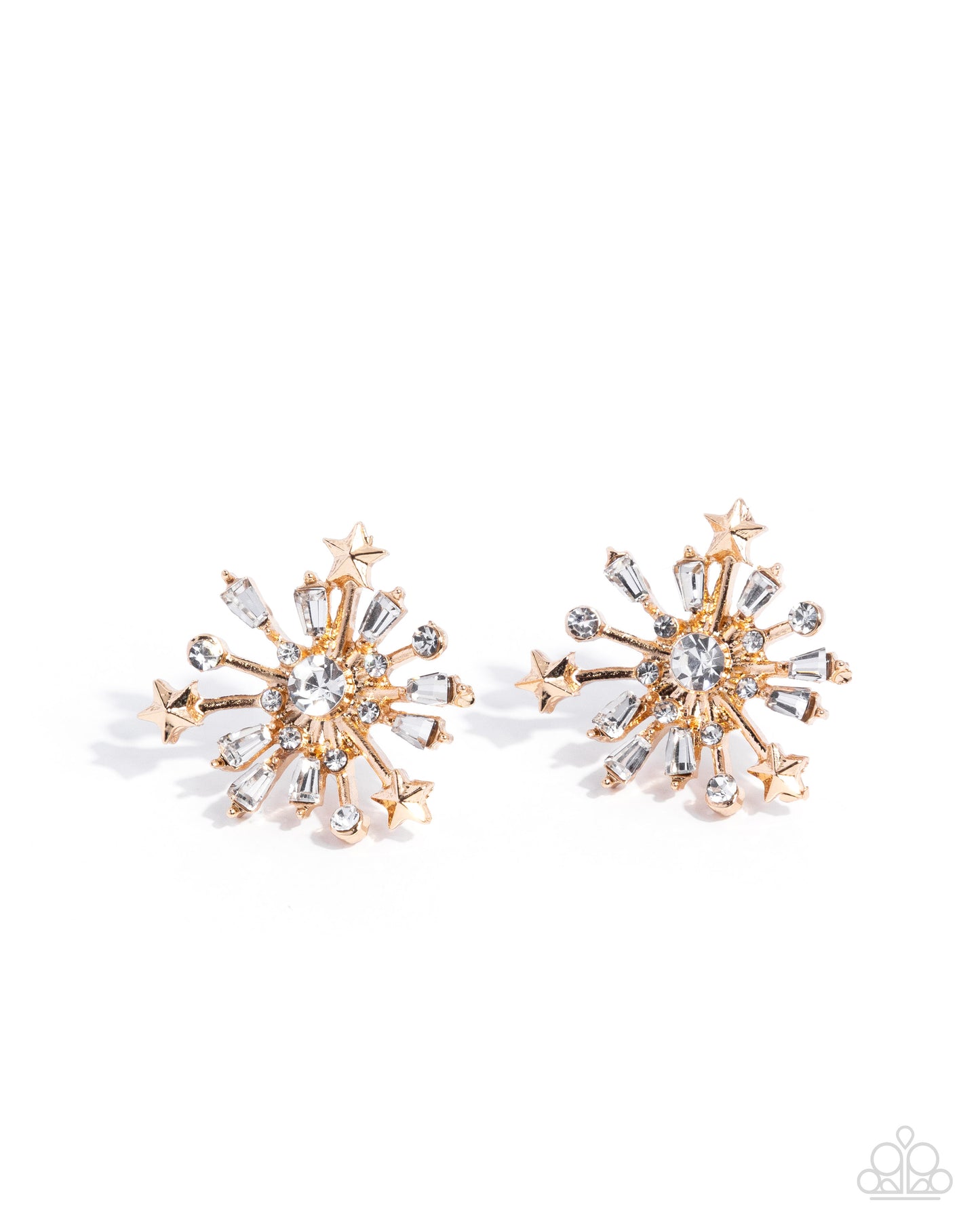 Paparazzi Firework Flair - Gold, White Rhinestone Firework Burst Style Post Earring E3328