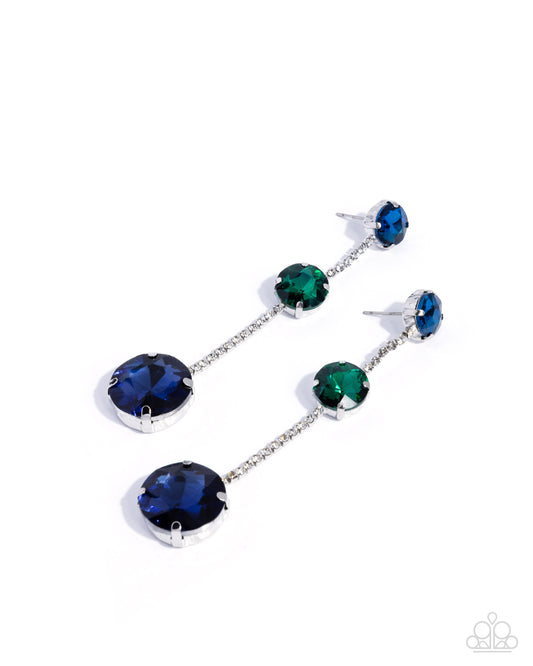 Paparazzi Lost in Chic - Blue, Green Gem & White Rhinestone Chandelier Earring E3264