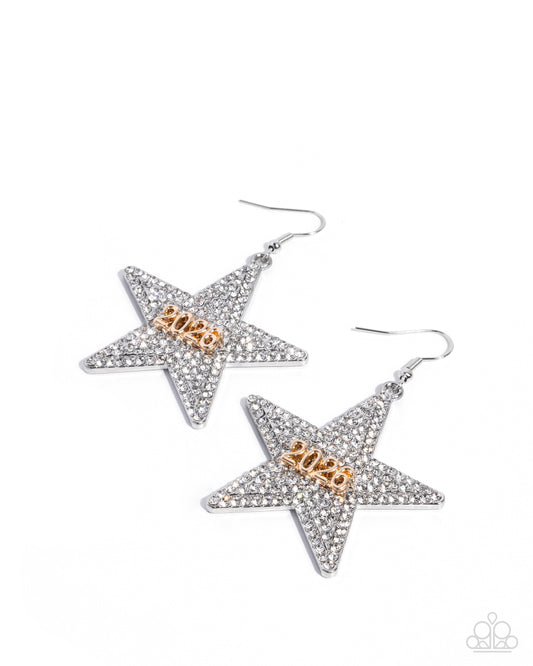 Paparazzi Celebratory Character - White Rhinestone Silver Star 2026 New Year Earring