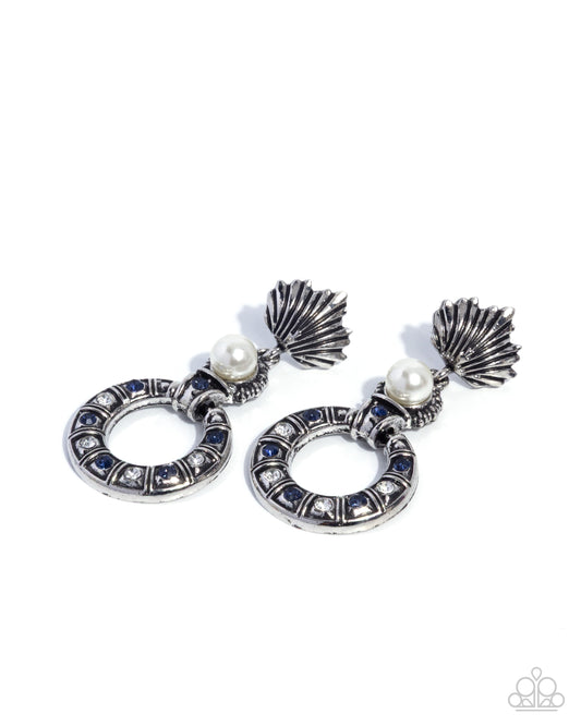 Paparazzi Openly Ornate - Blue Montana Rhinestone & White Pearl Post Earring