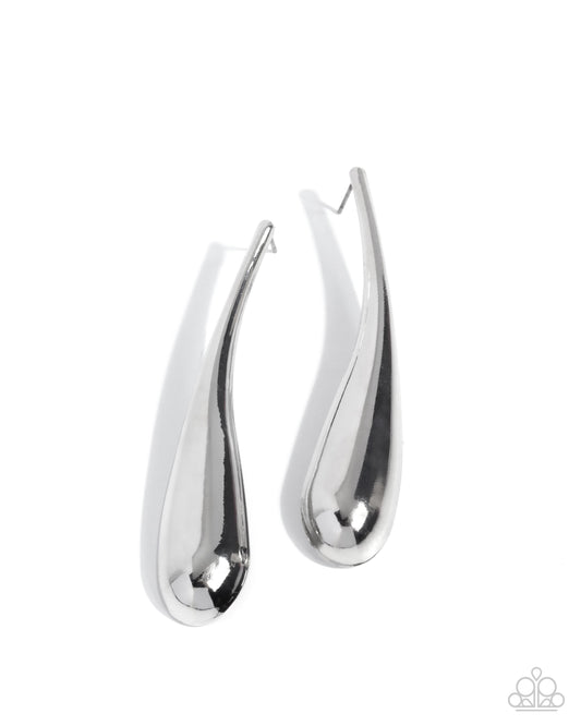 Paparazzi Elongated Effort - Silver High Sheen Teardrop Earring E3233
