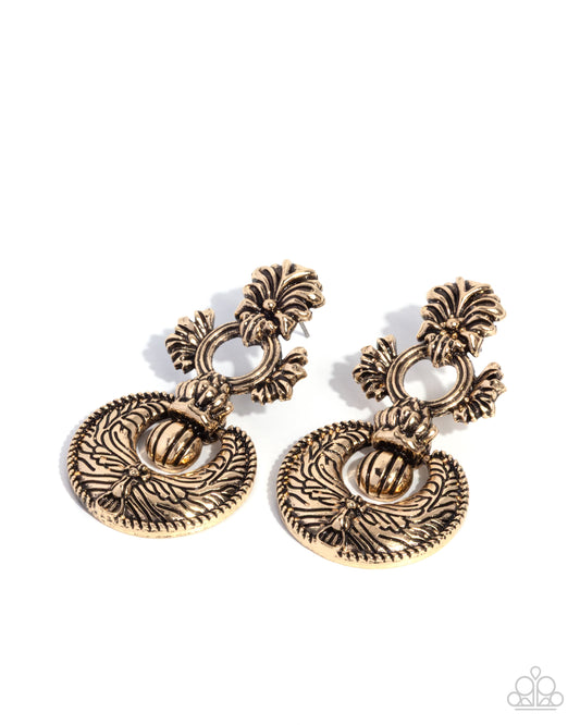 Paparazzi Officially Ornate - Gold, Antiqued Gold Doorknocker Style Earring E3176