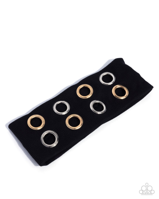 Paparazzi Glitzy Grommets - Black Ribbed Fabric Silver & Gold Grommet Headband H0250