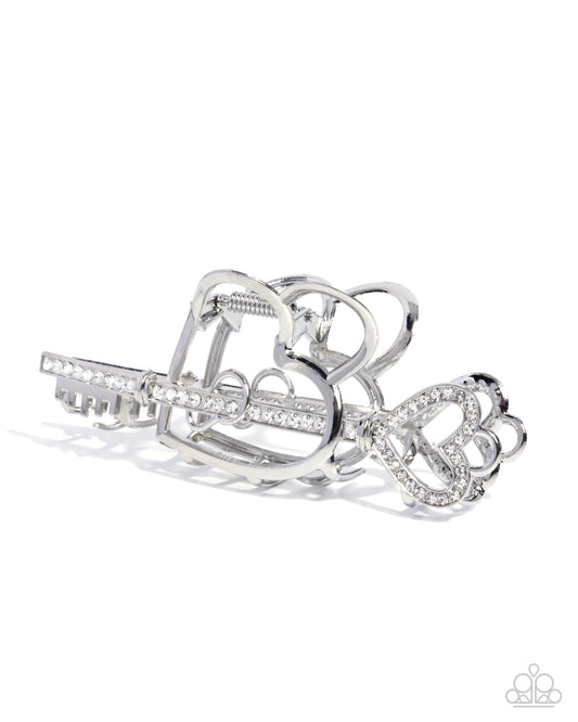 Paparazzi Lasting Lounge - White Rhinestone Silver Heart Key Hair Claw Clip H0267