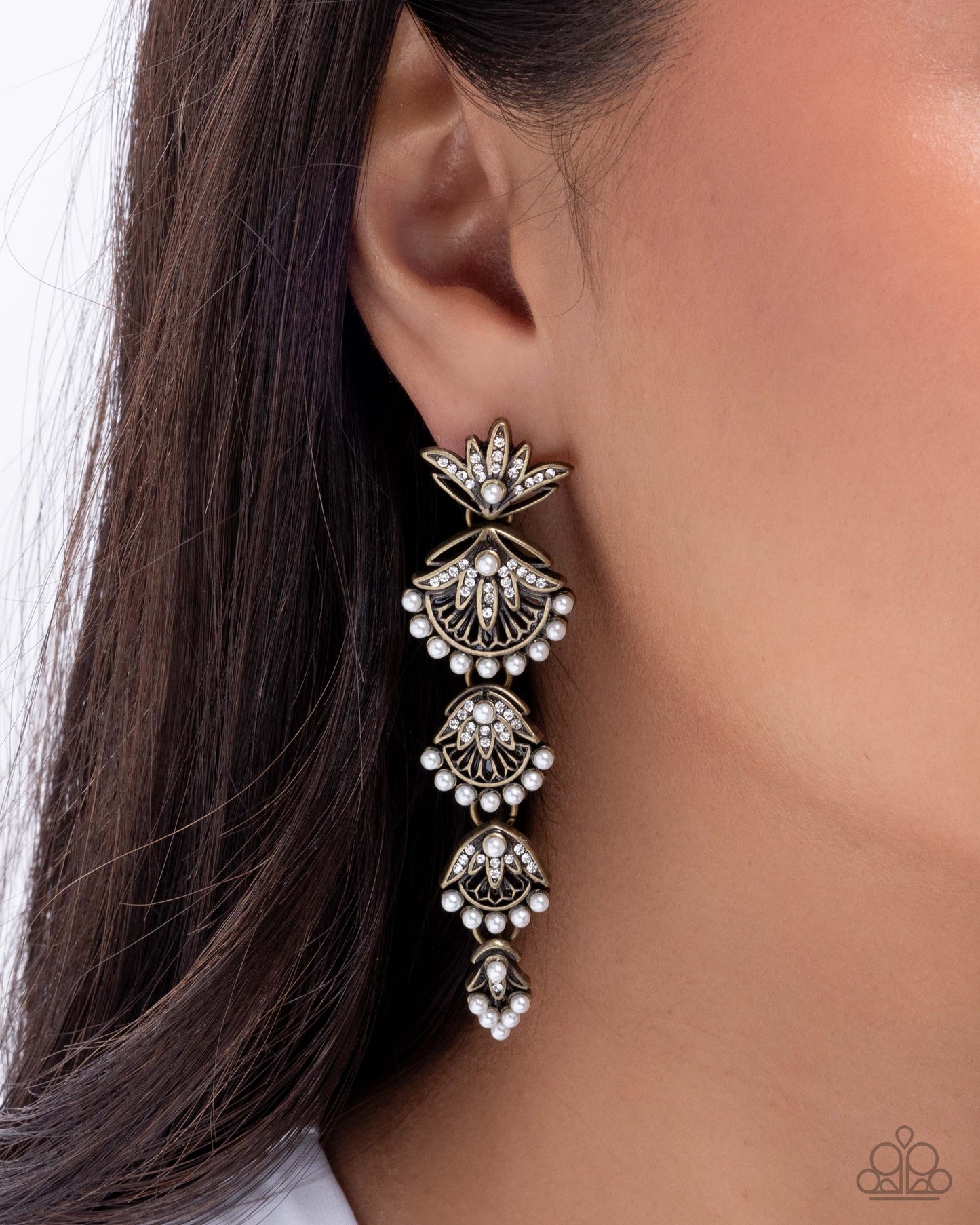 Paparazzi Ornate Optimism - Brass Floral Frame, White Rhinestone & Pearl Chandelier Earring E3273