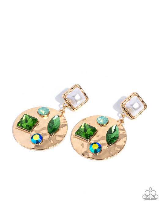 Paparazzi Heirloom Haven - Green Multicolored Gem Hammered Gold Post Earring E3471