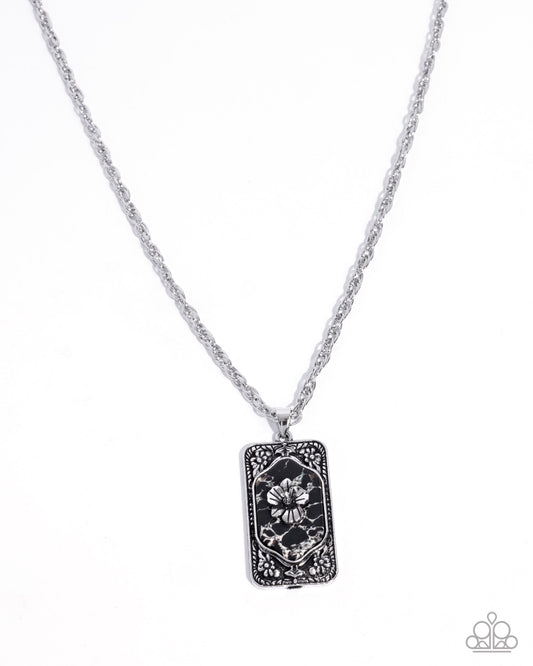 Paparazzi Antiqued Advance - Black Marbled Stone Silver Flower Necklace N3861