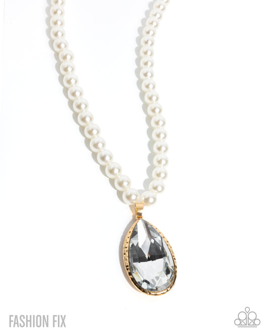 Paparazzi Prettily Poised - Gold, White Gem Teardrop Pearl Bead Necklace N2612