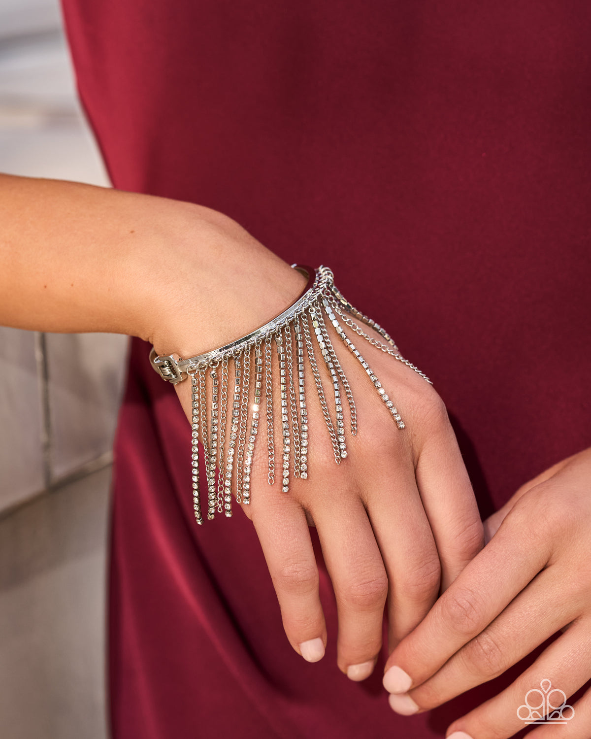 Paparazzi Fatal Fringe - White Rhinestone Fringe Silver Cuff Bracelet