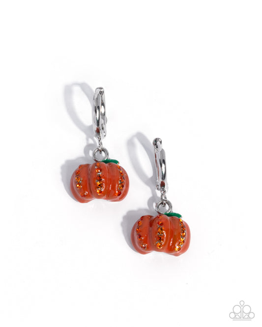 Pumpkin Pageantry - Orange Painted Rhinestone Pumkin 1/2 Inch Silver Hoop Halloween Earring Paparazzi E3124