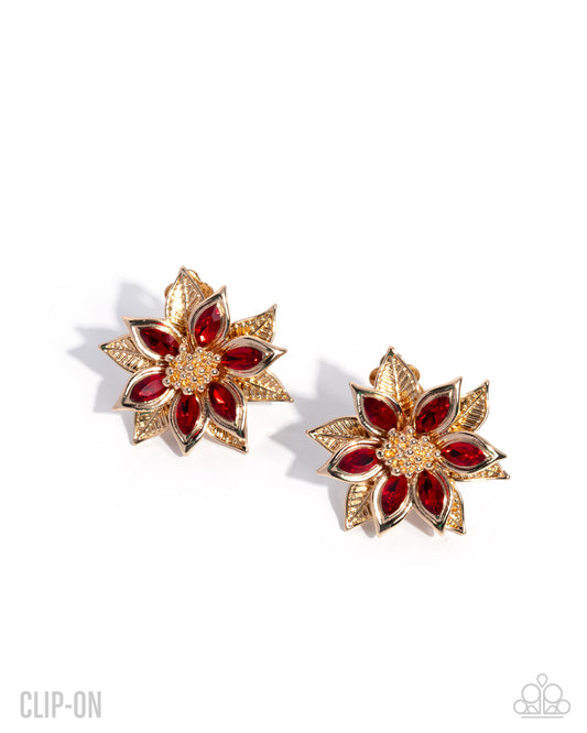 Paparazzi Perceptive Poinsettia - Red & Gold Poinsettia Style Christmas Clip On Earring E3197