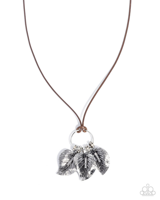 Paparazzi Loaded with Leaves - Brown Cord, Silver & White Rhinestone Leaf Necklace