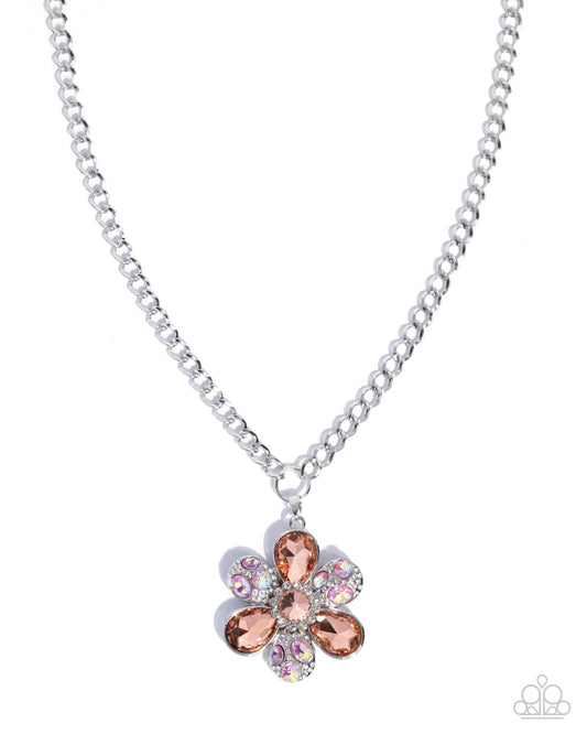 Paparazzi Vacation Flowers - Orange Brandied Melon, Pink Iridescent Gem & White Rhinestone Silver Flower Pendant Necklace N3913