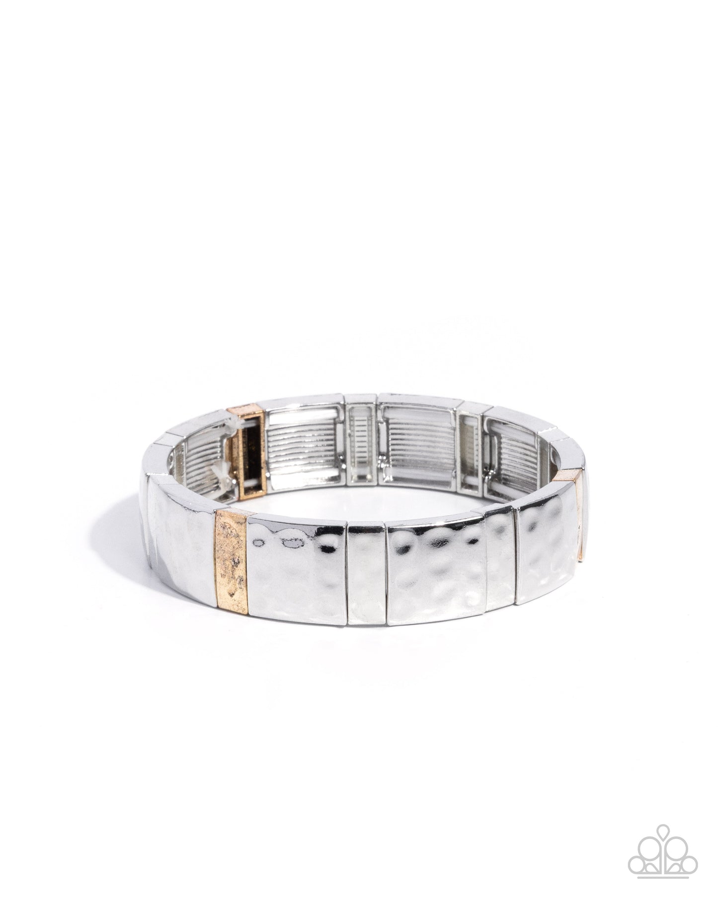Paparazzi Elementary Envy - Silver Hammered Squares & Rectangle & Gold Stretch Bracelet B0767