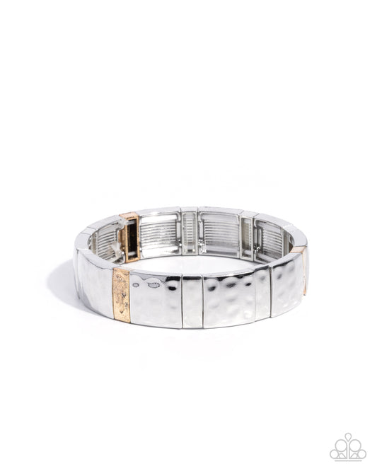 Paparazzi Elementary Envy - Silver Hammered Squares & Rectangle & Gold Stretch Bracelet B0767
