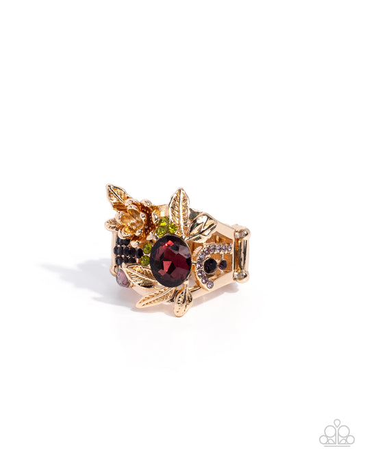 Paparazzi Historic Harvest - Gold Leaves, Flowers, Multicolored Rhinestone Thanksgiving Inspired Ring R1180